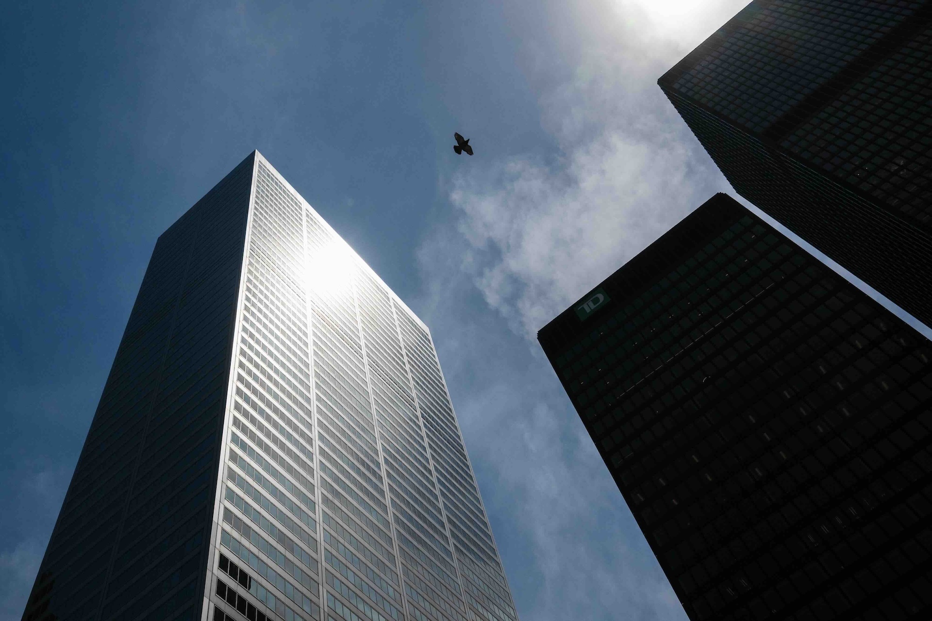 Three skyscrapers loom against a blue sky.