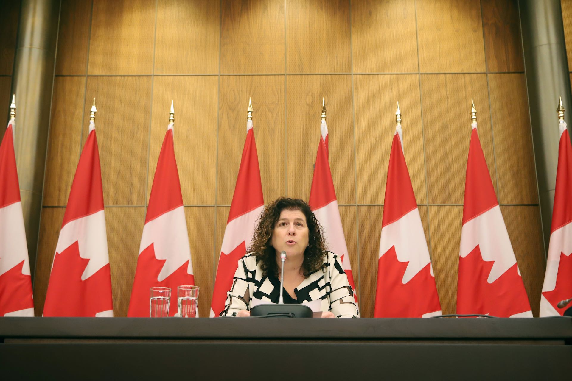 A head-on shot of Karen Hogan speaking at a press conference. She is seated at a table at the front of the room, and there is a row of Canadian flags behind her.